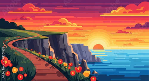 Serene cliffside path with vibrant flowers overlooking ocean at sunset warm colorful landscape