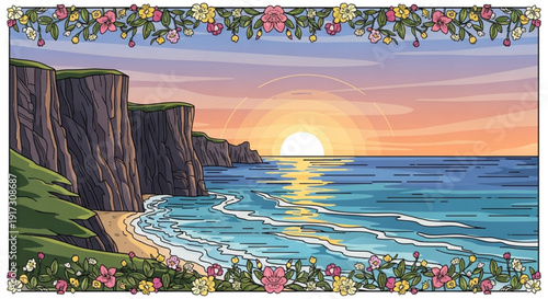 Serene ocean sunset with cliffside beach vibrant flowers and warm sunset light