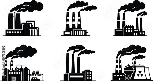 Industrial Factory Chimney Smoke Silhouette Set, Polluted Air Emission Power Plant Towers, Manufacturing Pollution Cloud Vector Collection, Black Outline Isolated on White