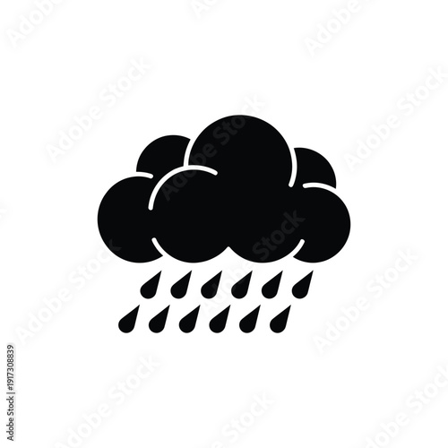 A large black cloud with rain falling from it on a white background