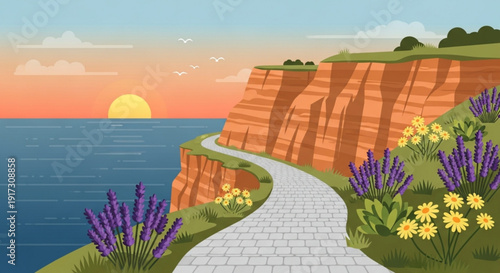 Winding path along cliffside with vibrant flowers at sunset by serene ocean