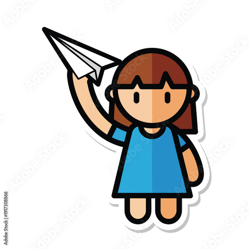 Young girl holding paper airplane in her hand, standing alone in simple illustration style