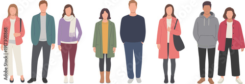 Vector illustration of diverse people in winter clothing, showing coats, scarves, sweaters, hoodies, boots, casual fashion, lifestyle, and seasonal cold weather design