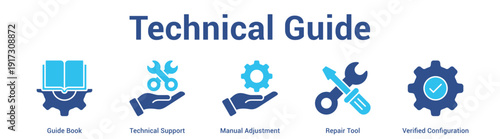 Technical Guide web banner icon set vector illustration concept for business with icon of Guide Book, Technical Support, Manual Adjustment, Repair To.