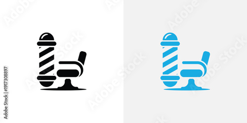 A pair of barber shop chair and pole icons in black and blue colors