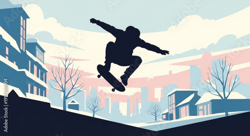Skateboarder in mid air trick on snowy urban landscape with buildings and trees