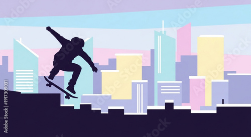 Skateboarder in silhouette performs aerial trick against vibrant city skyline with pastel colored buildings