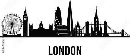 London Cityscape Skyline Silhouette Vector, Iconic Landmarks, Big Ben, Tower Bridge, London Eye, Shard, Gherkin, UK Capital, Travel, Tourism, Architecture, Urban, Graphic Element, Famous