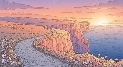Serene cliffside road winds through wildflowers at sunset by tranquil ocean