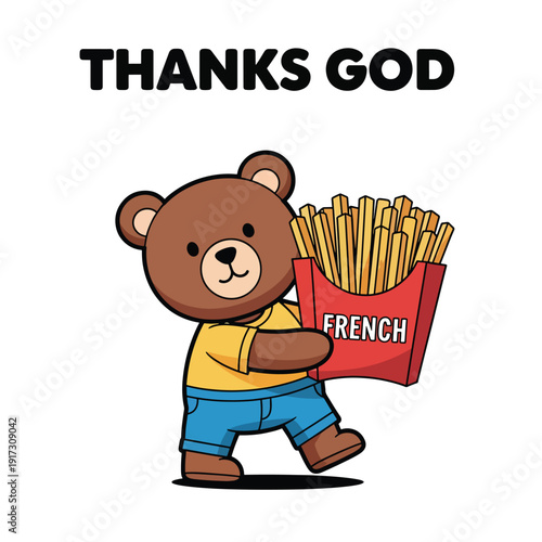 A cartoon bear holding a bucket of French fries with a thankful expression in a simple illustration style