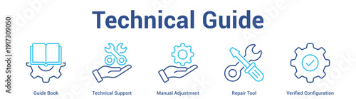 Technical Guide web banner icon set vector illustration concept for business with icon of Guide Book, Technical Support, Manual Adjustment, Repair To.