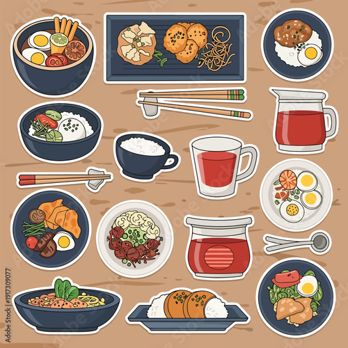 Assorted Breakfast Dishes and Beverages on Wooden Table Top View