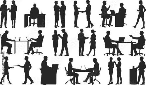 Silhouette vector illustration of professional people in office scenarios, showing teamwork, communication, collaboration, handshake, and workplace interaction in corporate lifestyle design