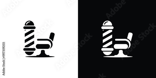 A white and black illustration of a barber chair with a pole