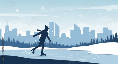Person ice skating on frozen lake with city skyline and snowy landscape in background during winter