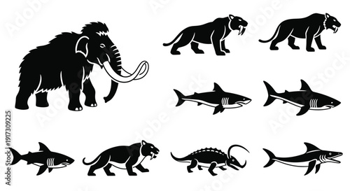 Prehistoric Dinosaurs Silhouette Icon Set featuring various extinct animals in a collection of vector illustrations for graphic design