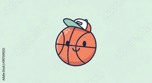 Smiling Basketball Character Wearing Baseball Cap on Light Green Background