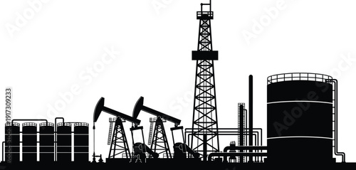 Oil and Gas Industry Silhouette: Industrial Plant with Pumping Units, Drilling Rig, and Storage Tanks, Energy Production Concept