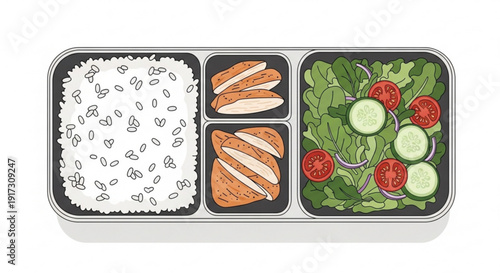 Balanced meal in a lunchbox with rice salmon sashimi and mixed greens salad