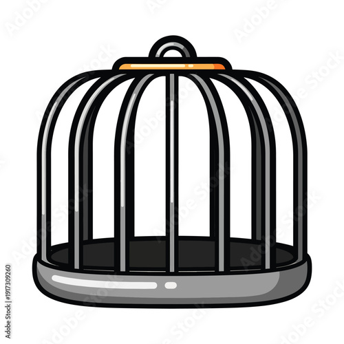 An empty birdcage is illustrated from a front viewpoint showing its metal bars and gray base in a simple graphic style