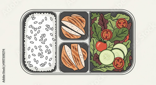 Healthy meal prep with rice sandwiches and fresh vegetable salad in a divided tray perfect for lunch or dinner