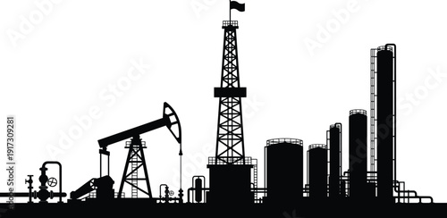 Oil Field and Refinery Silhouette with Pumpjack Drilling Rig Flag, Storage Tanks Distillation Towers Pipes, Petroleum Industry Complex Vector Illustration, Black Outline Isolated