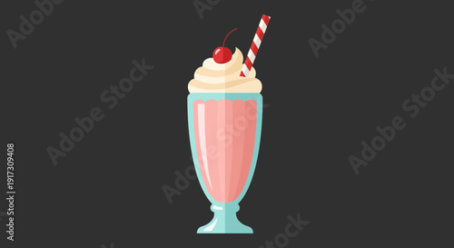 Retro Delight: Strawberry Milkshake with Whipped Cream and Cherry Topping Illustration