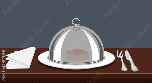 Elegant restaurant setup with covered dish, fork, knife and folded napkin illustration