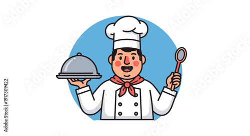 Cartoon chef character holding serving platter and spoon in kitchen, illustration for culinary