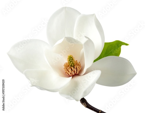 Wallpaper Mural Close-up of a magnolia blossom, pristine white petals surround a central core. A single green leaf complements the bloom Torontodigital.ca