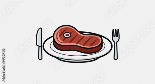 Delicious grilled steak served on a plate with knife and fork cartoon style illustration