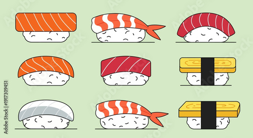 Colorful and Cute Sushi Assortment Vector Illustration Featuring Various Types of Sushi