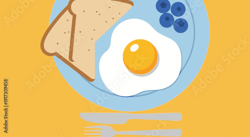 Delicious breakfast plate with egg, toast and blueberries in a stylish illustration easy to digest