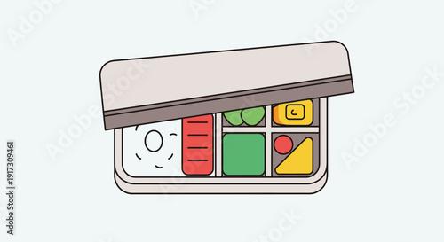 Stylized illustration of a bento box with various compartments filled with food items