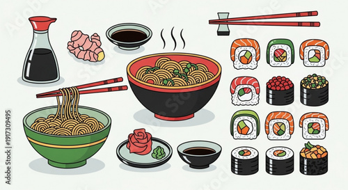 Variety of japanese food with sushi noodles and soy sauce on a white background