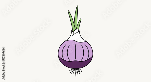 Illustration of a vibrant purple onion with green shoots on a white background