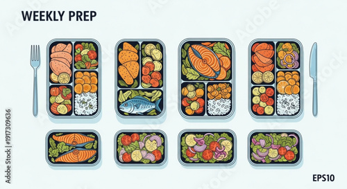 Variety of healthy meal prep containers with fish vegetables and rice on white background for diet planning