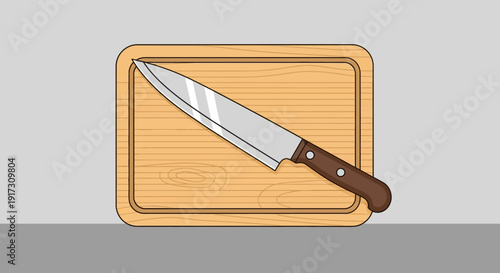 Illustration of a kitchen knife resting on a wooden cutting board for food preparation concept