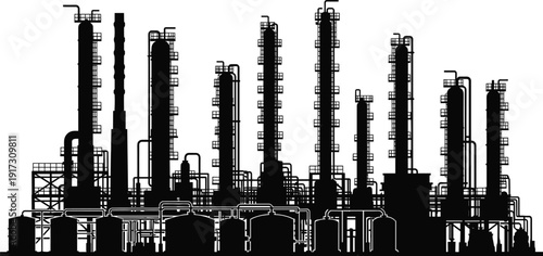 Oil Refinery Industrial Plant Silhouette, Petrochemical Complex with Distillation Columns Towers Storage Tanks Pipes, Energy Processing Facility Vector Illustration, Black Outline Isolated