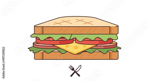 Illustration of a delicious sandwich with meat cheese tomatoes and lettuce on toasted bread