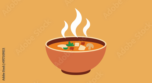 Illustration of a steaming bowl of delicious soup with various ingredients, appetizing food ready