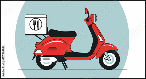 Vector illustration of a red scooter delivering food, showcasing modern and efficient delivery