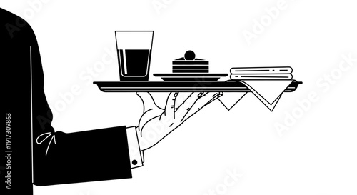 Elegant waiter carrying a tray with a drink, dessert, and napkins in monotone illustration