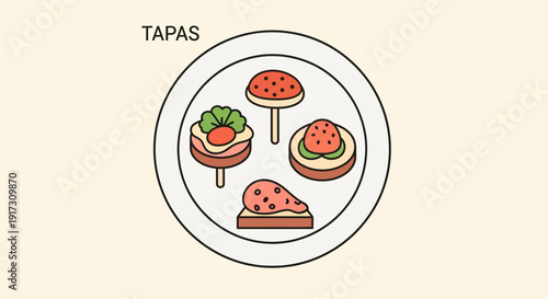 Illustration of assorted tapas on a plate perfect for spanish cuisine promotional materials