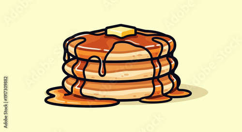 Delicious pancake stack with dripping syrup and butter, perfect for breakfast and sweet cartoon
