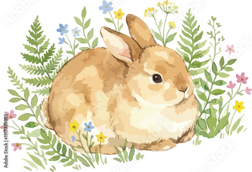 Cute Fluffy Brown Rabbit Watercolor Illustration Surrounded by Green Foliage and Tiny Wildflowers Isolated on a Simple White Background, Spring 2026 Concept