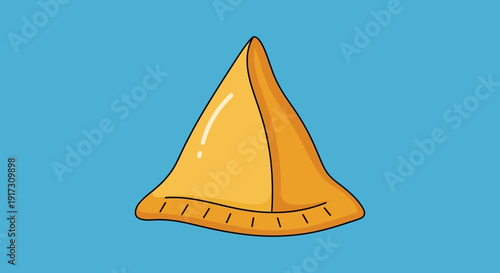 Cartoon illustration of a delicious golden samosa on a blue background isolated simple bright and