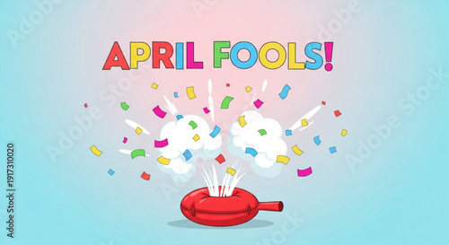 Colorful april fools' day celebration with confetti and candles on a red frying pan on blue background