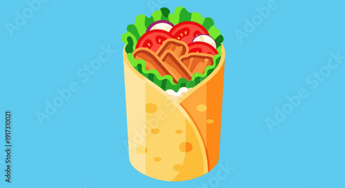 Delicious chicken wrap illustration with fresh vegetables on a blue background design