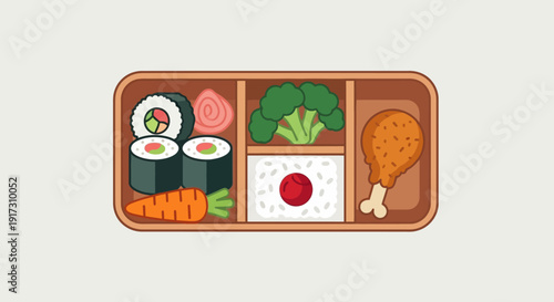 Colorful and nutritious bento box illustration featuring sushi, vegetables and fried chicken
